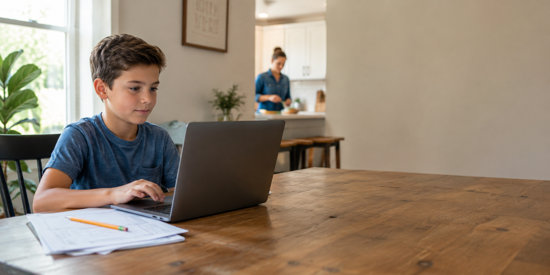 A student working at a laptop at the dining table while a parent works nearby