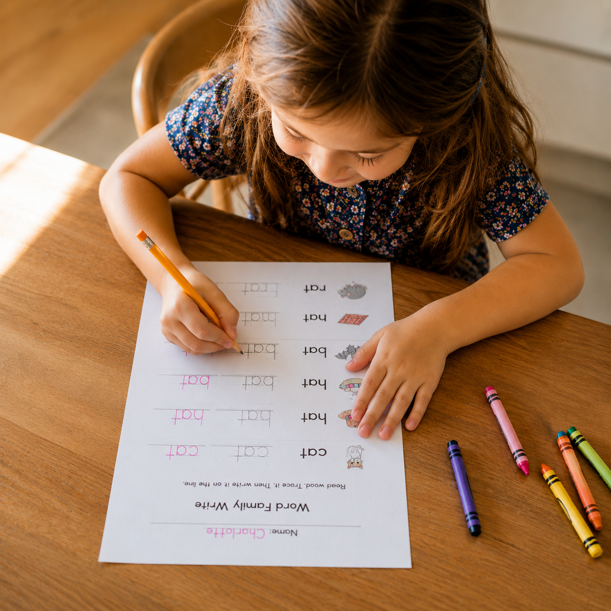 A young child completing a printed worksheet with a pencil
